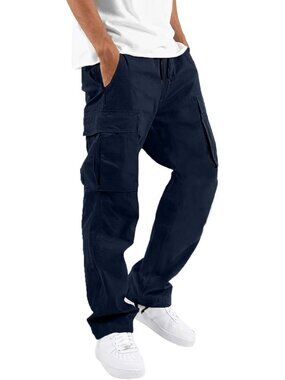 Mens Cargo Pants Drawstring Casual Hiking Pants Joggers Athletic Trousers Cotton